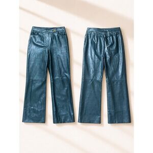 St. John Collection Marie Gray Teal Blue Croc Embossed Leather Pants Size 4 Silk